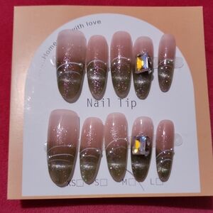 Ombre Nude to Olive Glitter Press-On Nails with Rhinestone Accent